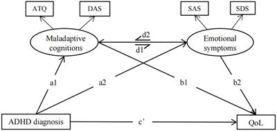 Bidirectional associations between maladaptive cognitions and emotional symptoms, and their mediating role on the quality of life in adults with ADHD: a mediation model